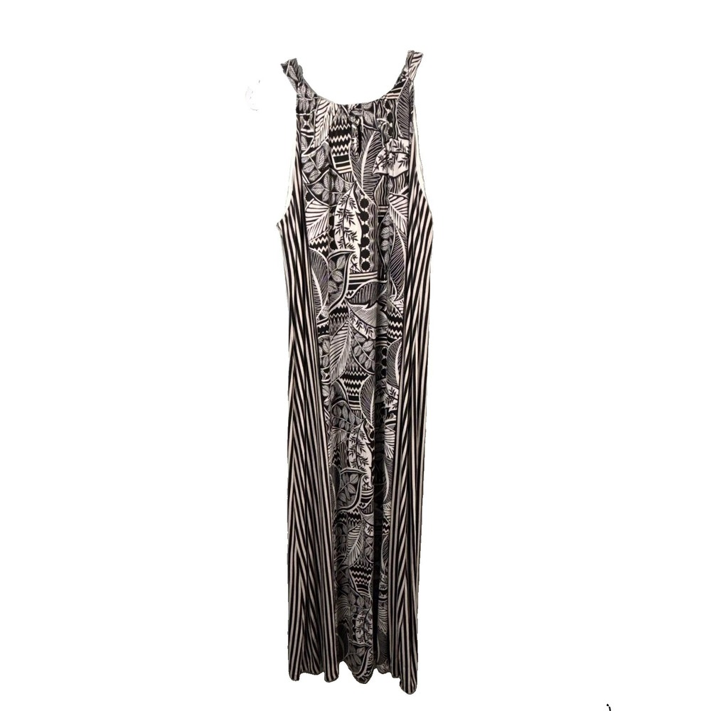 Chicos Womens Dress Maxi Black White Tropical Stripe Size 3 XL Sleeveless Jersey